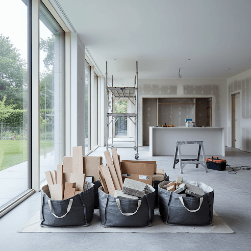 Renovation debris neatly contained in heavy-duty bags in a bright home under renovation