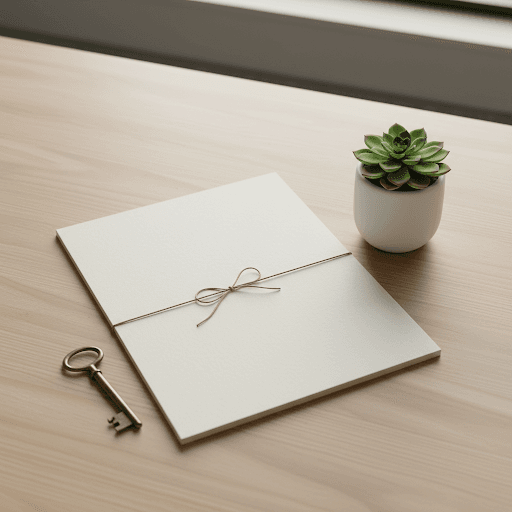 Transition kit on a table with folder, succulent, and key, clean professional styling