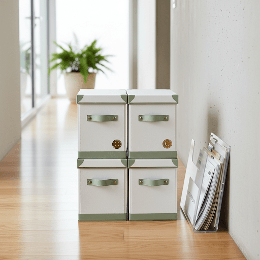 Stacked storage boxes and an organized moving checklist folder in a minimalist hallway