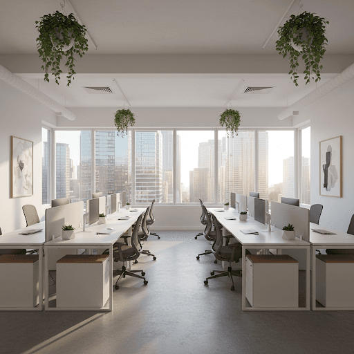 Sun-drenched modern office with floor-to-ceiling windows and city views, decluttered