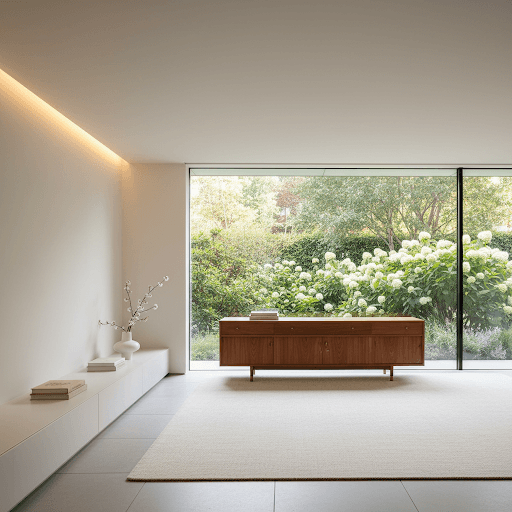 Sun-drenched living room, decluttered and staged with calm, airy light