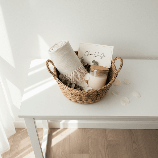 Welcome home basket on a console with linen, candle, and welcome card
